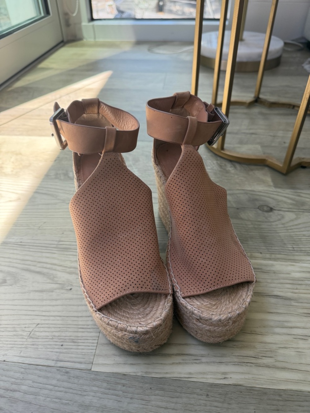 Marc Fisher Dusty Rose Perforated Espadrille Wedge Sandals with Ankle Buckle